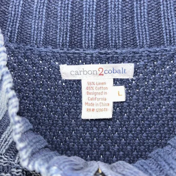 Carbon 2 Cobalt Sweater Size L Stavenger Blue Full Zip Cable Knit Linen Cotton - Picture 2 of 13